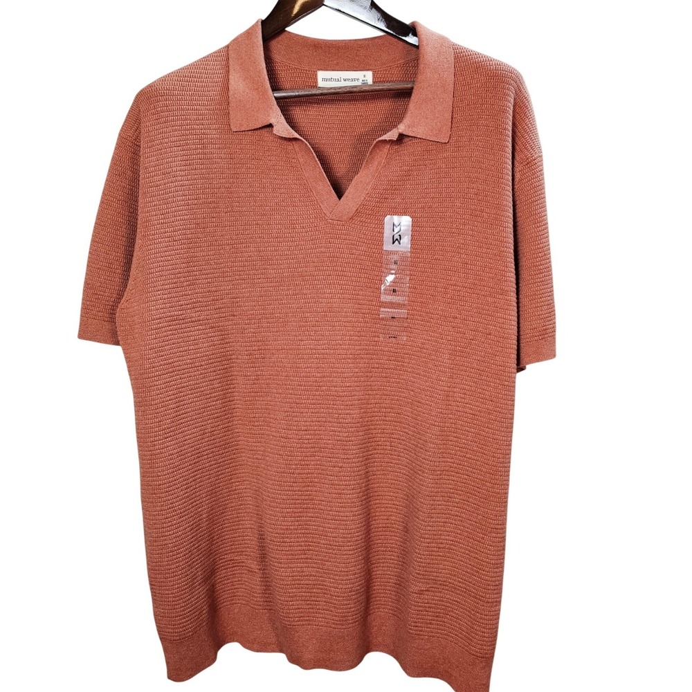 Mutual Weave Mens XL Copper Brown Textured Knit Cotton Short Sleeve Sweater Polo